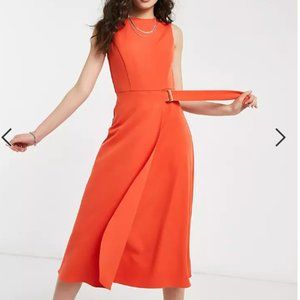 Orange belted wrap midi work dress US size 6 NWT